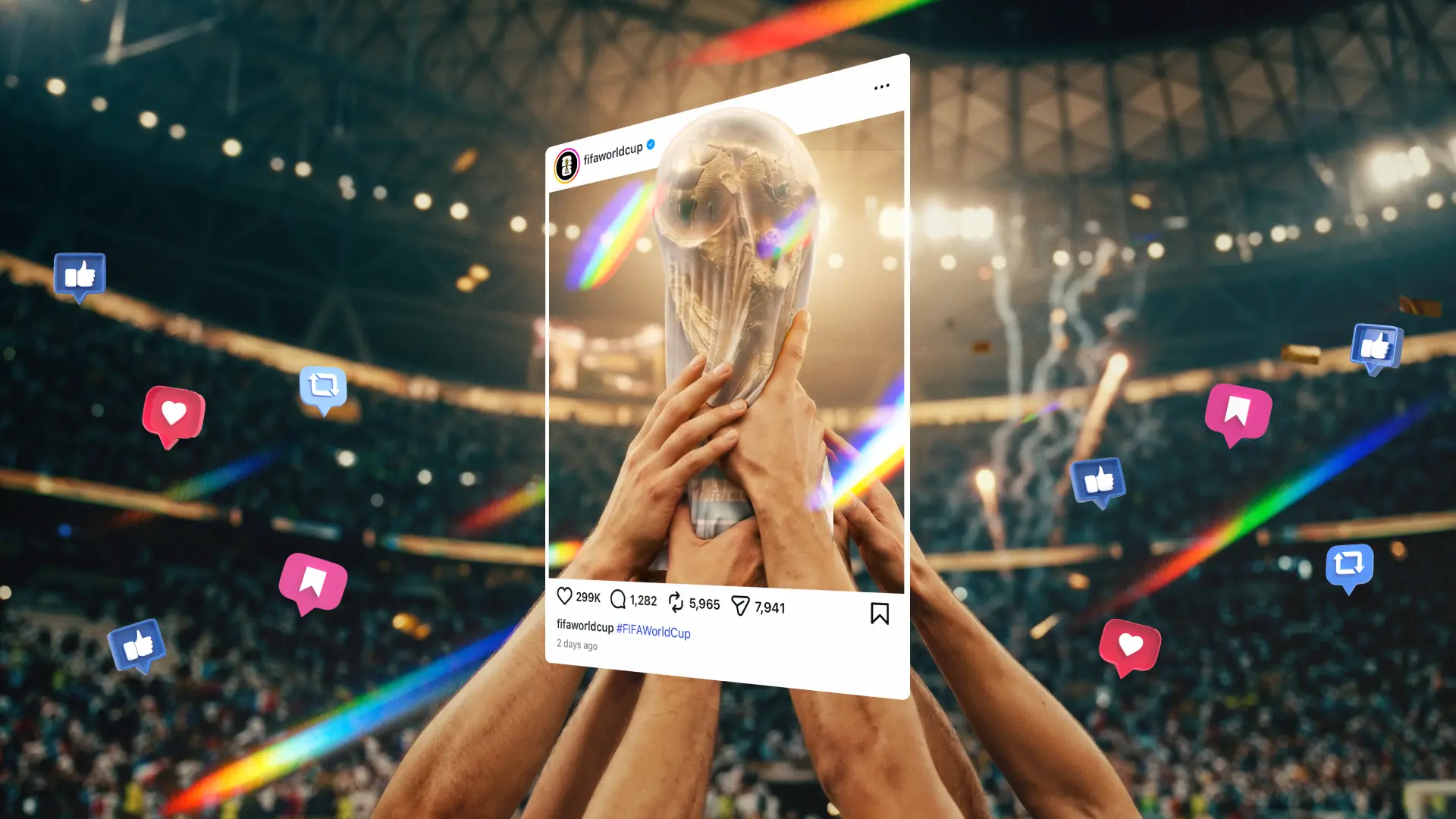 Hands lifting the FIFA World Cup covered trophy in a stadium, framed as an Instagram post with floating social media reaction icons, illustrating World Cup 2026 social media reach.