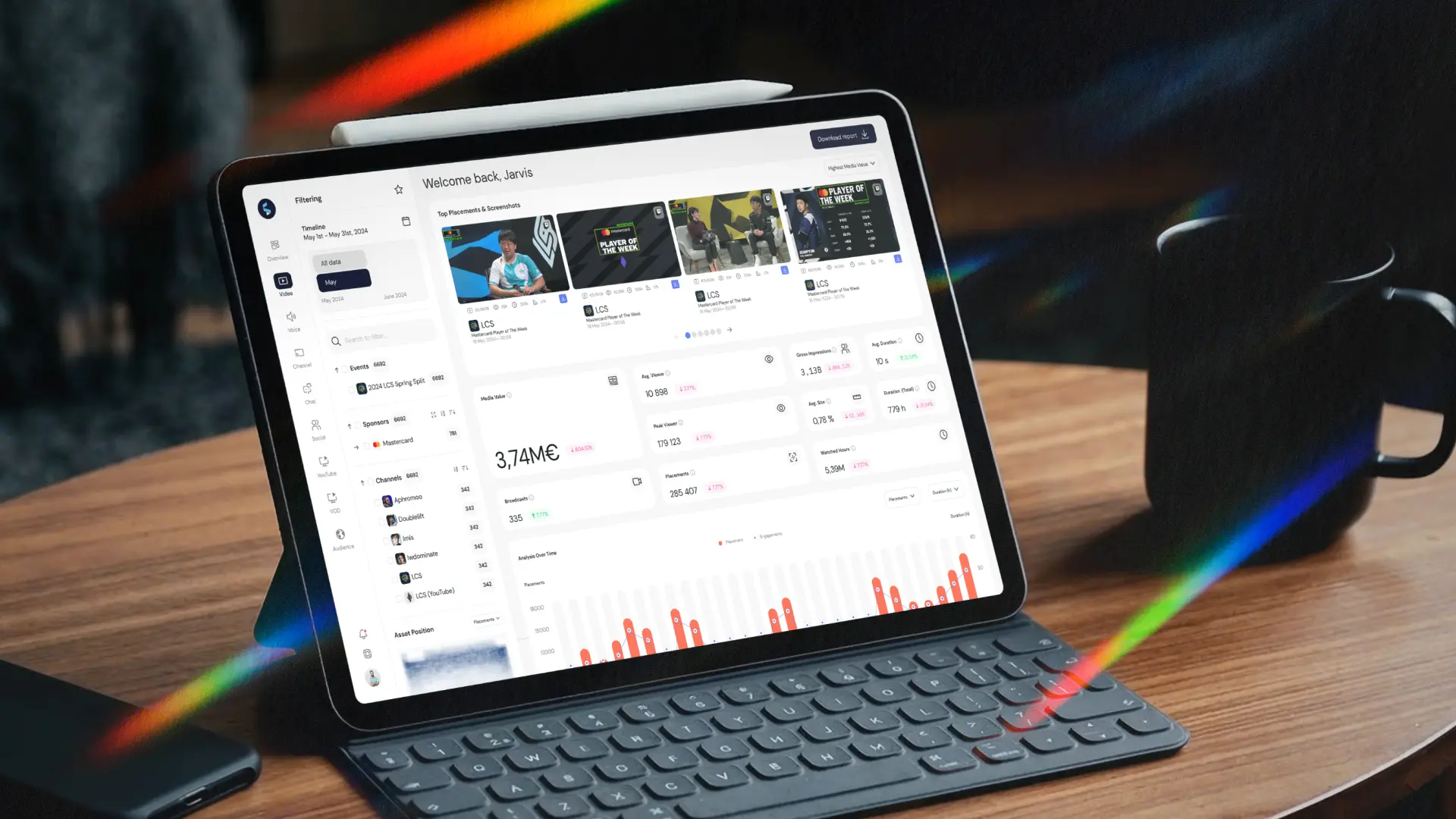 Tablet displaying a sponsorship analytics dashboard with performance metrics and media value insights, illustrating how AI-powered sponsorship analytics tracks brand exposure across events.