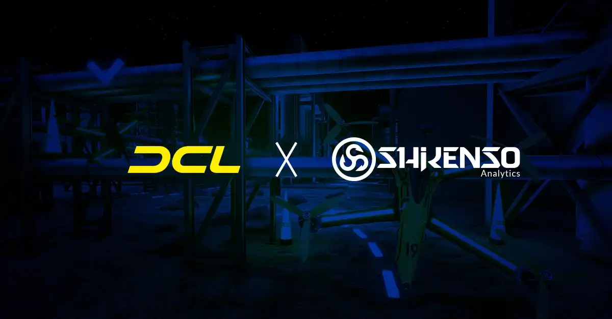 Logos of DCL in bright yellow and Shikenso Analytics in white, separated by an 'X', over a dark background featuring drone racing structures and illuminated pipelines.