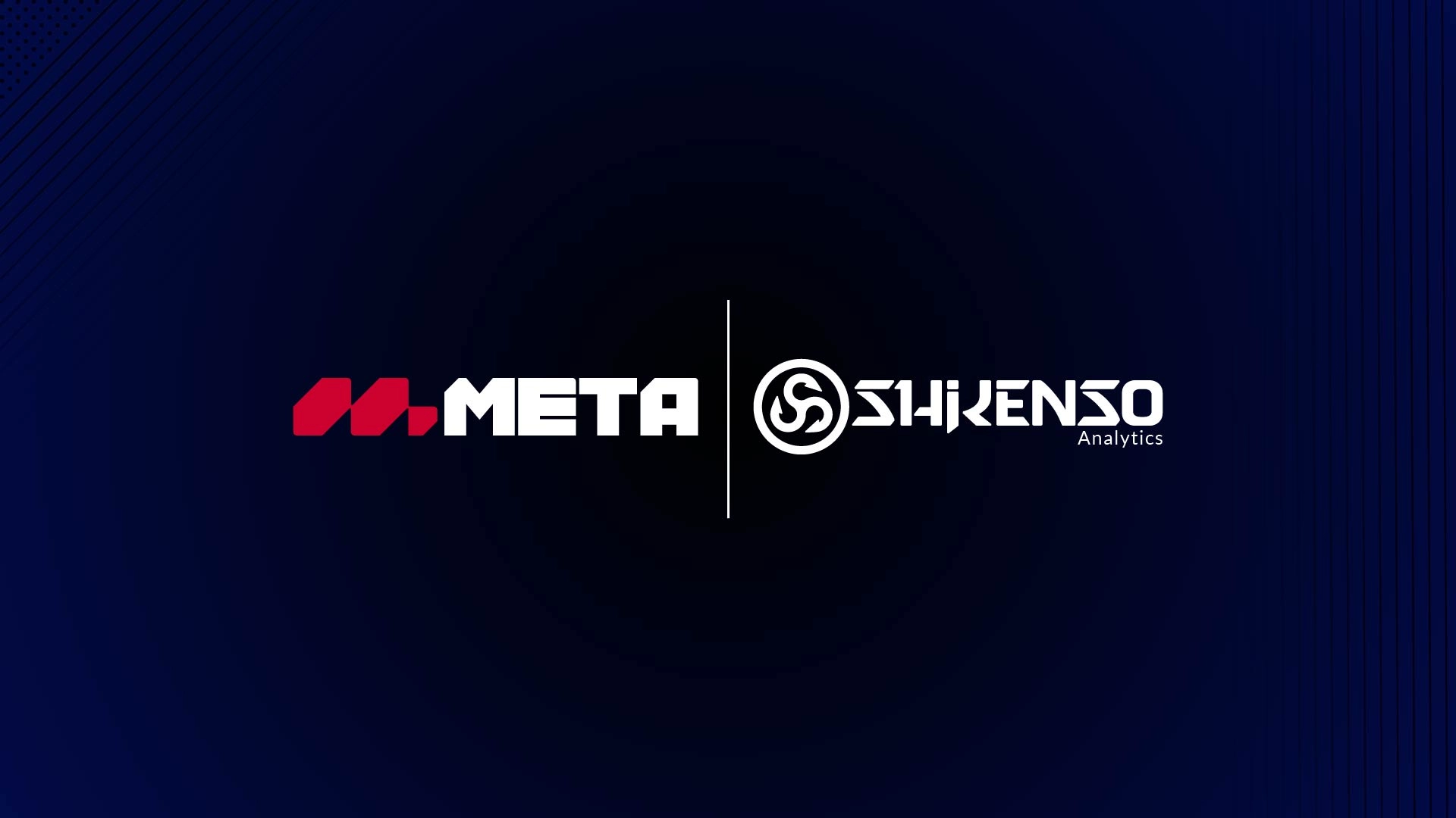 Partnership graphic featuring the META logo on the left and the Shikenso Analytics logo on the right, separated by a vertical line, displayed on a dark blue background with subtle diagonal patterns.