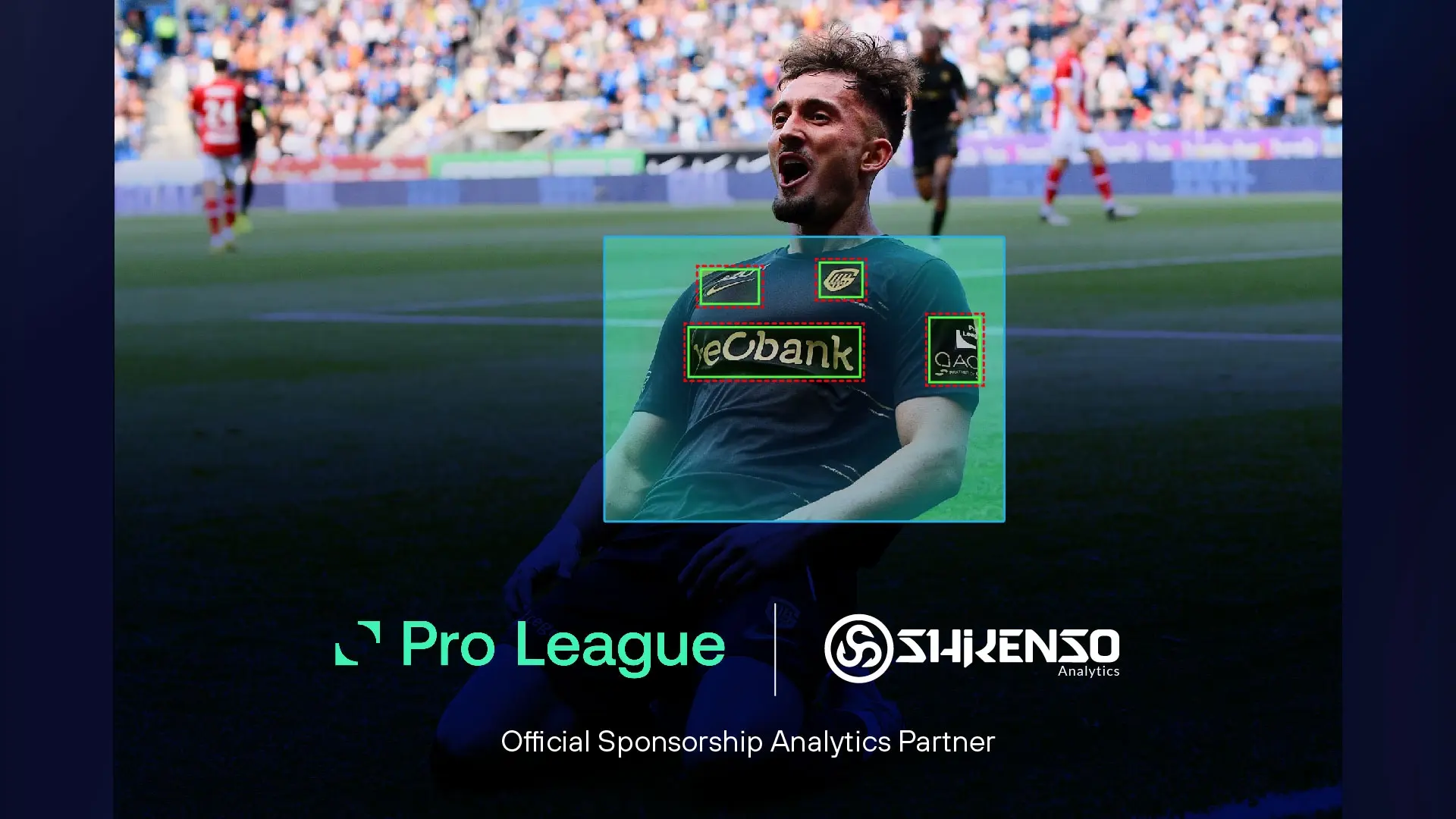Football player celebrating a goal during a Pro League match with visible sponsor logos on his jersey, promoting Shikenso as the Official Sponsorship Analytics Partner of the Pro League.