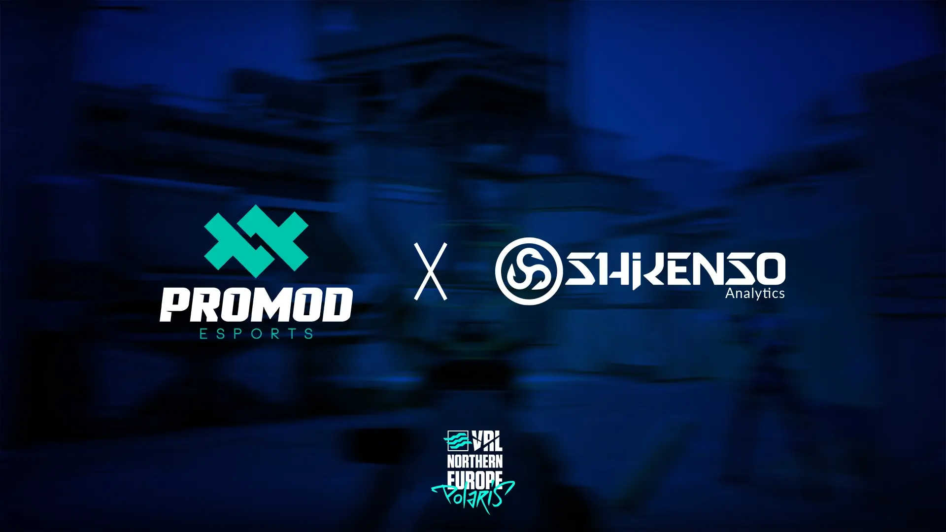 Partnership graphic showing the Promod Esports logo on the left and the Shikenso Analytics logo on the right, separated by an 'x', on a dark blue blurred background. At the bottom center is the VRL Northern Europe Polaris logo.