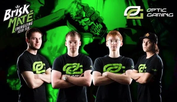 OpTic Gaming esports team wearing Brisk Mate sponsored jerseys showcasing energy drink brand partnership activation