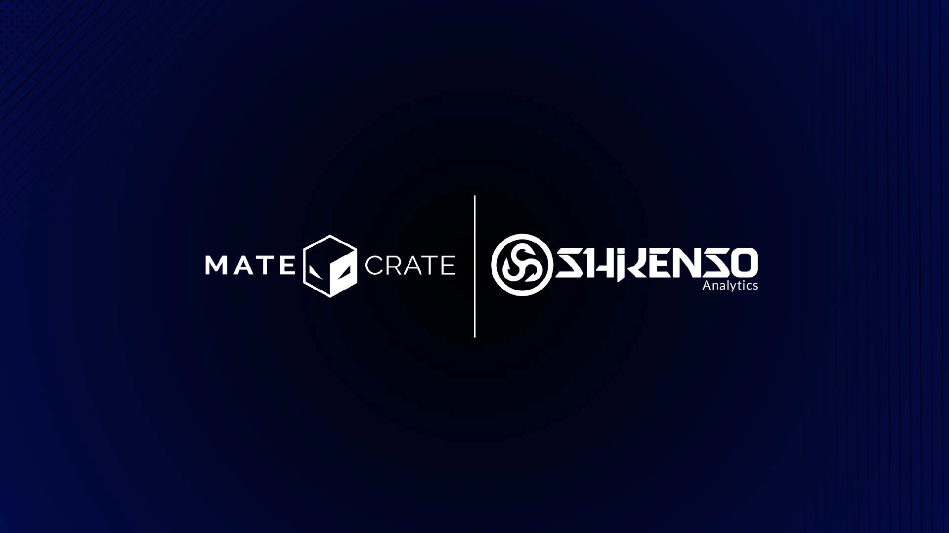 Dark blue background featuring the logos of MateCrate and Shikenso Analytics side by side, separated by a vertical line.