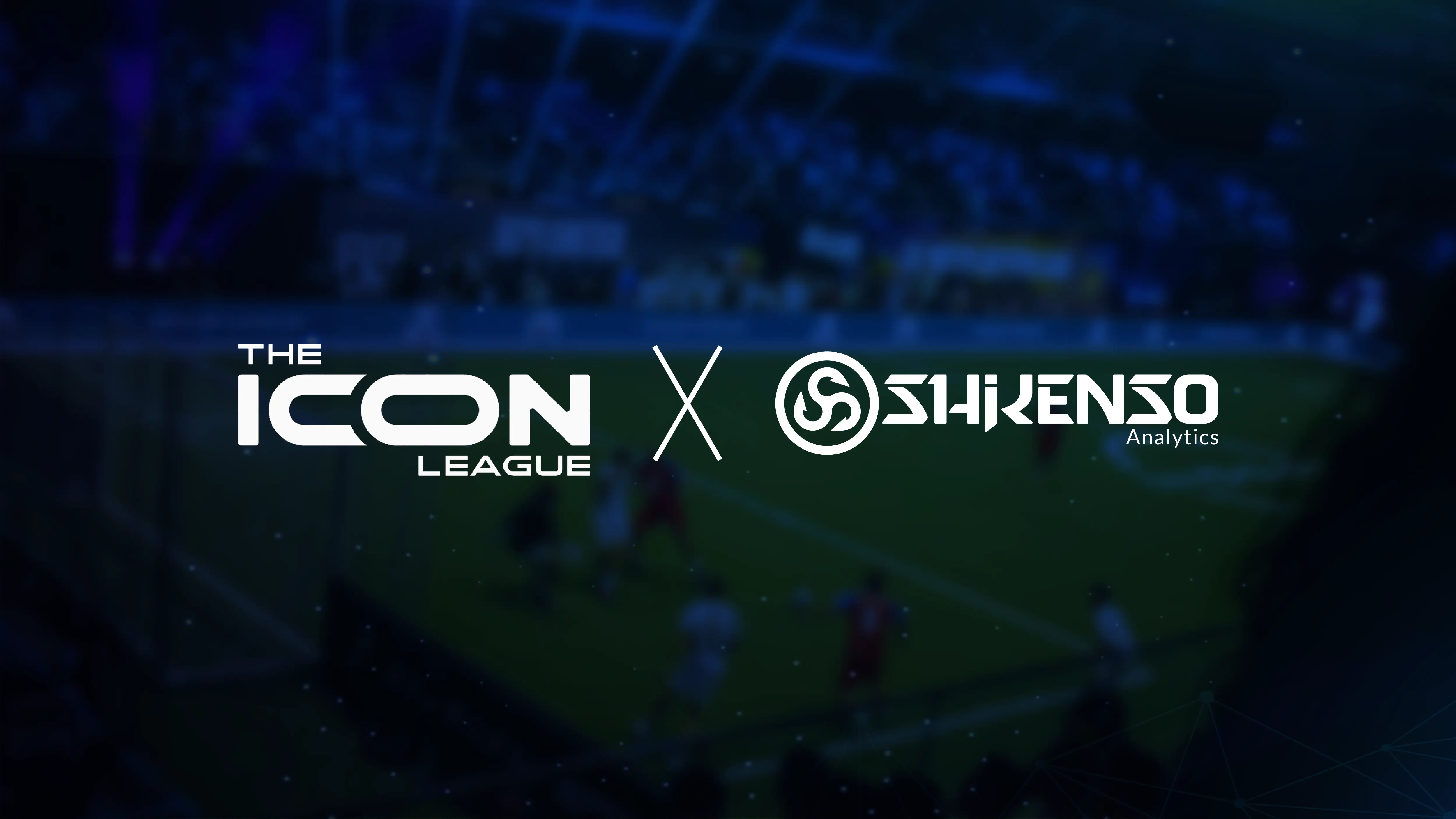 Promotional graphic showing The Icon League and Shikenso logos side by side, announcing their partnership, set against a blurred stadium background.