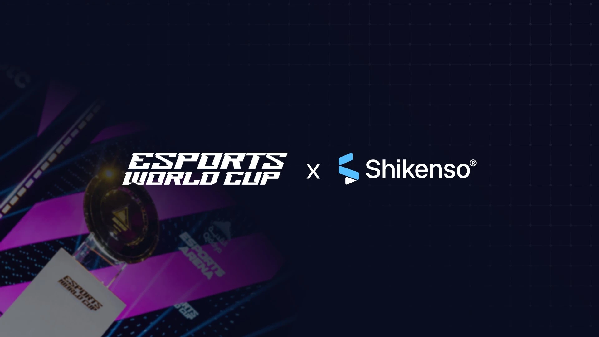 Promotional graphic showing a partnership announcement between the Esports World Cup and Shikenso. On the left, part of a trophy with a glowing gold ring is visible against a purple-lit stage background. On the right, the Esports World Cup logo appears next to the Shikenso logo on a dark grid background.