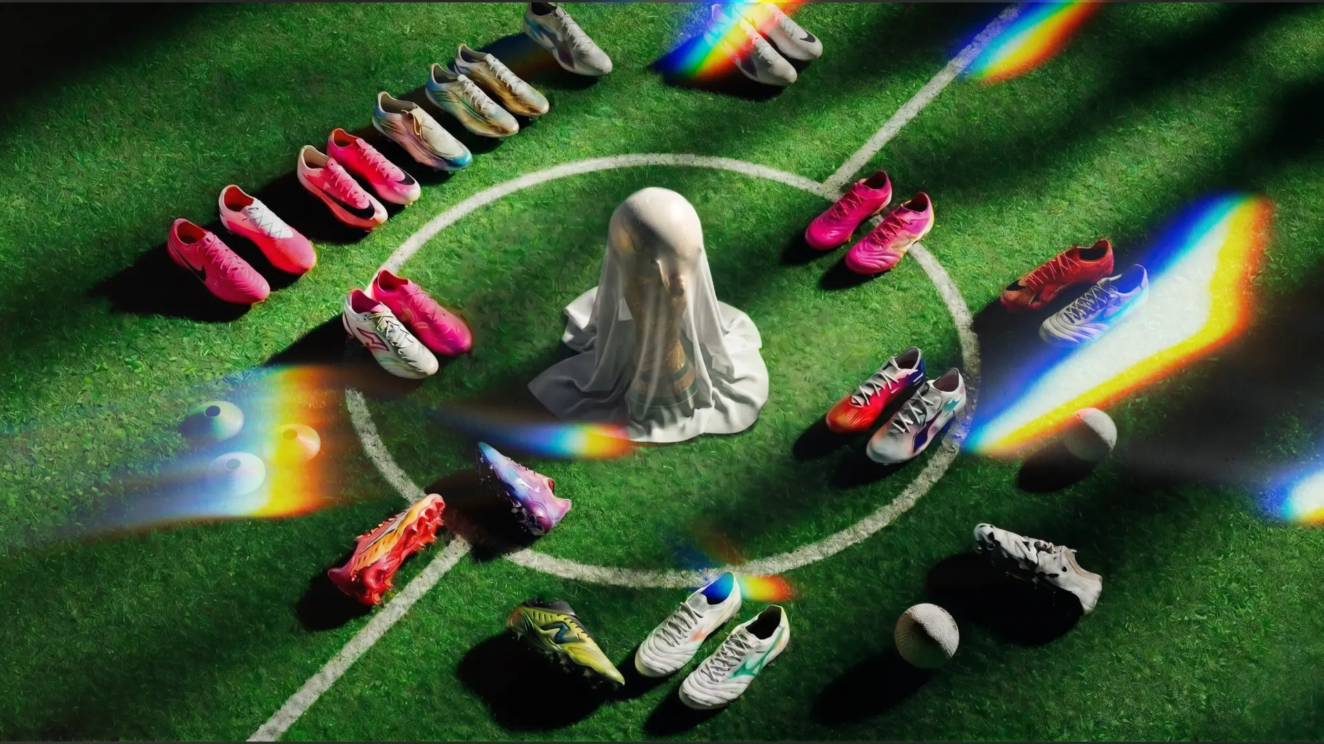 Aerial view of a soccer field's center circle with a veiled FIFA World Cup trophy at the center, surrounded by a ring of football boots from various brands (Nike, adidas, Puma, Mizuno, New Balance) in pink, red, gold, white, and yellow colorways, with prismatic rainbow light flares streaking across the green grass.