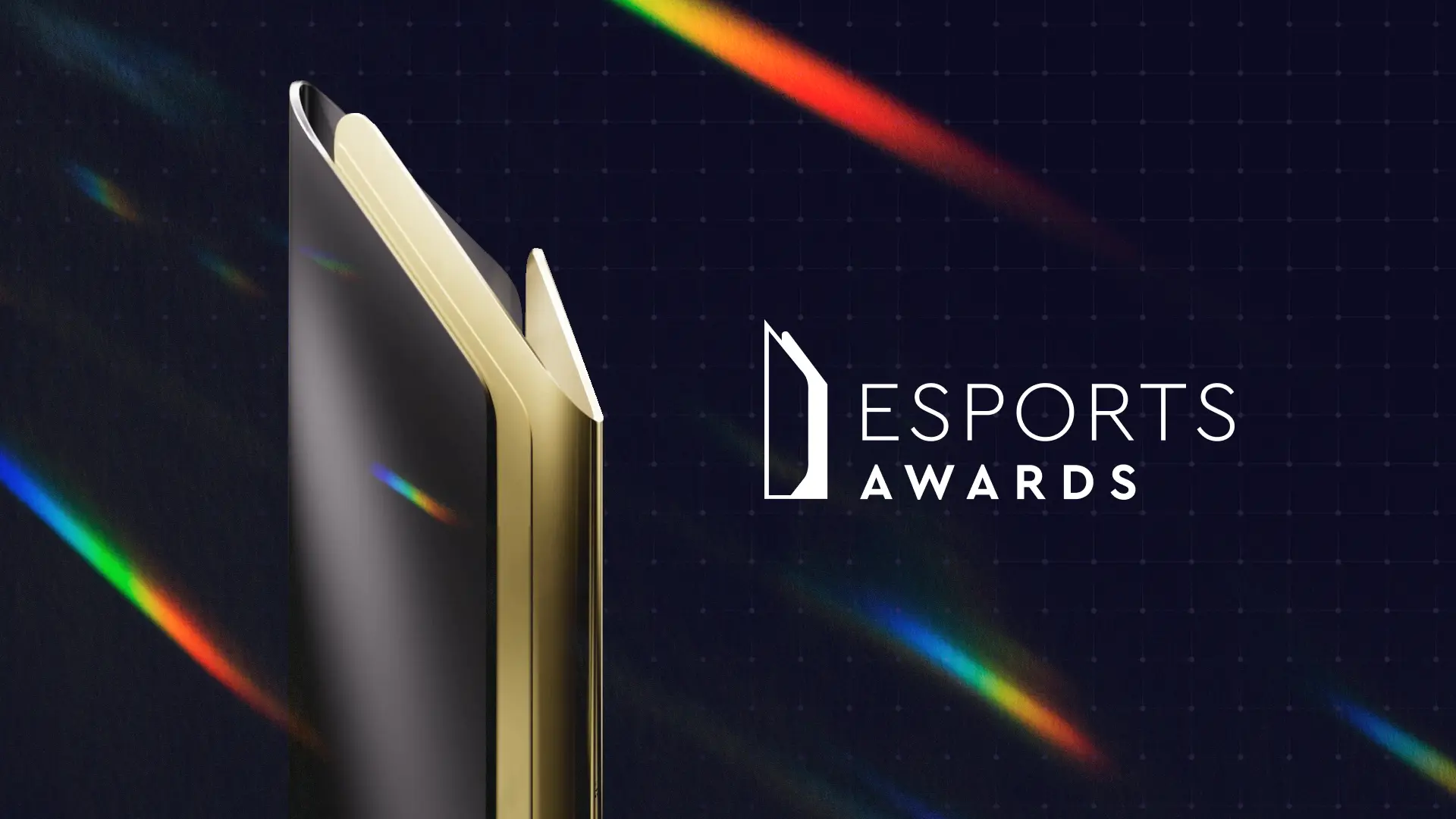 Esports Awards logo featuring a sleek black and gold trophy on the left and the text ‘Esports Awards’ on the right, set against a dark background with colorful light streaks.