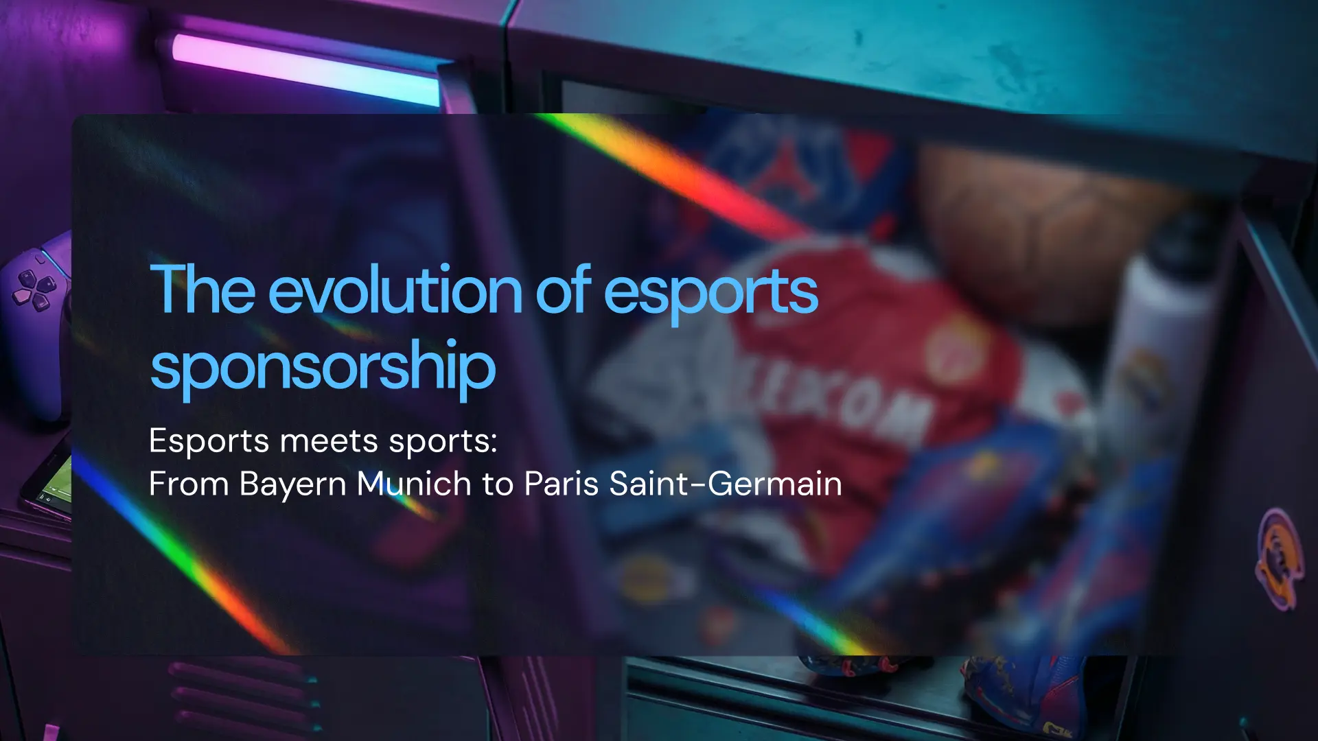Esports-themed sports memorabilia display featuring football shirts and club items, illustrating how traditional sports clubs expanded into esports sponsorship and digital fan engagement.