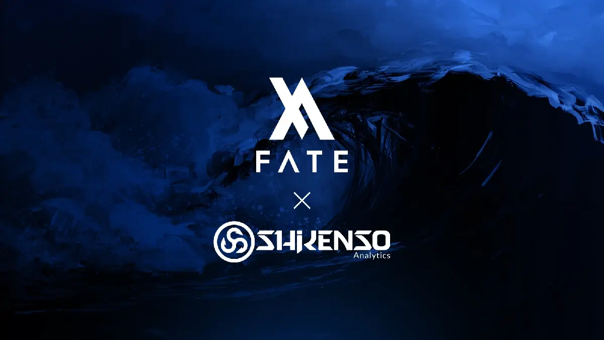 Partnership graphic featuring the FATE logo above the Shikenso Analytics logo, separated by an 'x', on a dark blue abstract background with swirling textures.