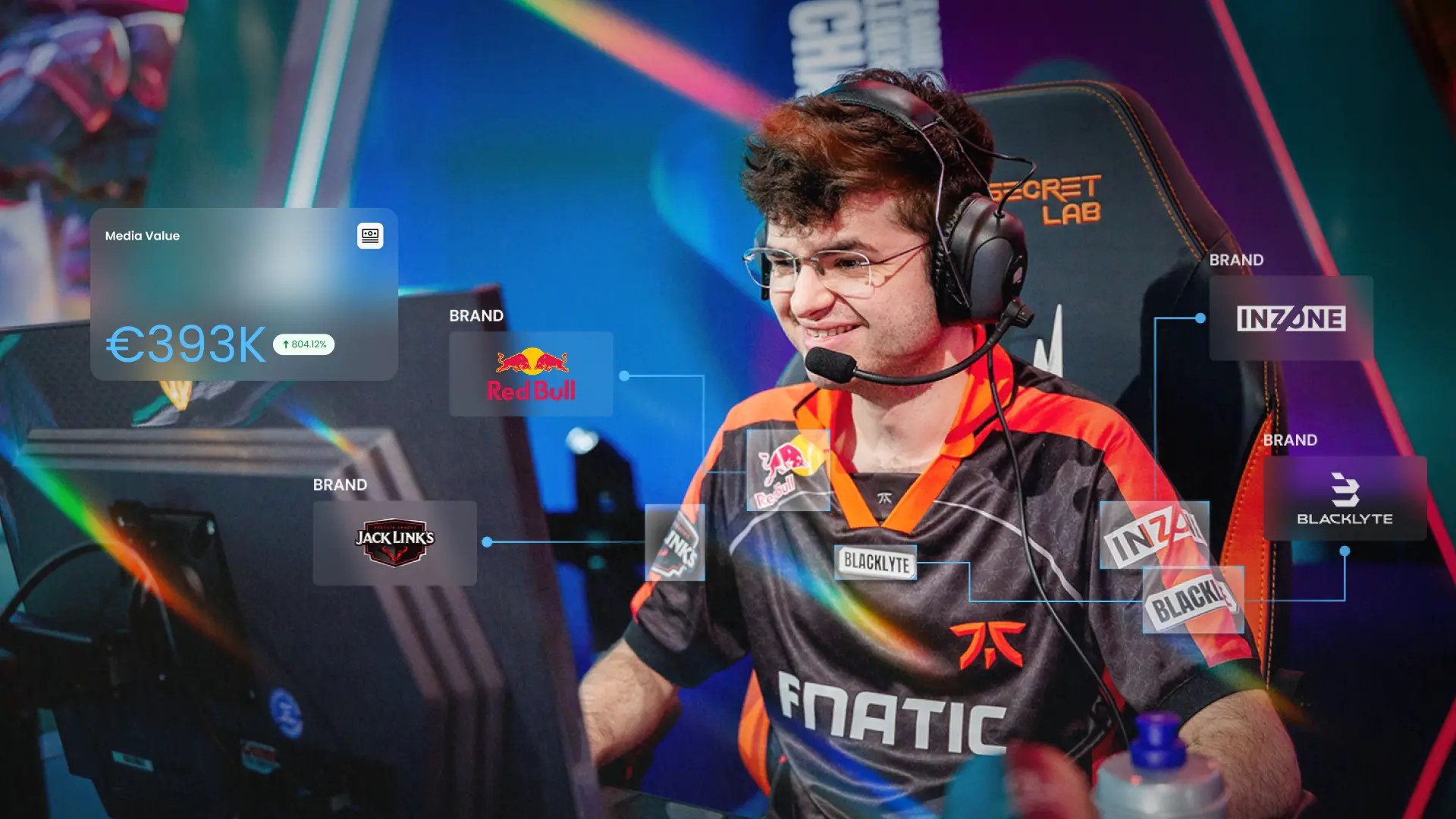 Esports player on stage with branded overlays and media value (€393K), demonstrating how a sponsor tracker identifies logos and measures sponsorship exposure in real time.