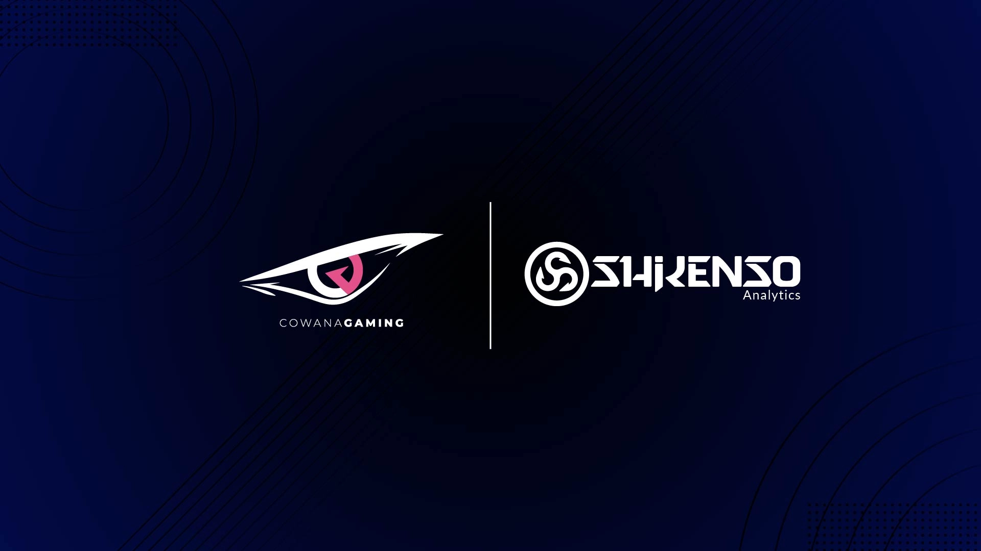Partnership graphic featuring the Cowana Gaming logo on the left and the Shikenso Analytics logo on the right, separated by a vertical line, on a dark blue background with subtle circular patterns.