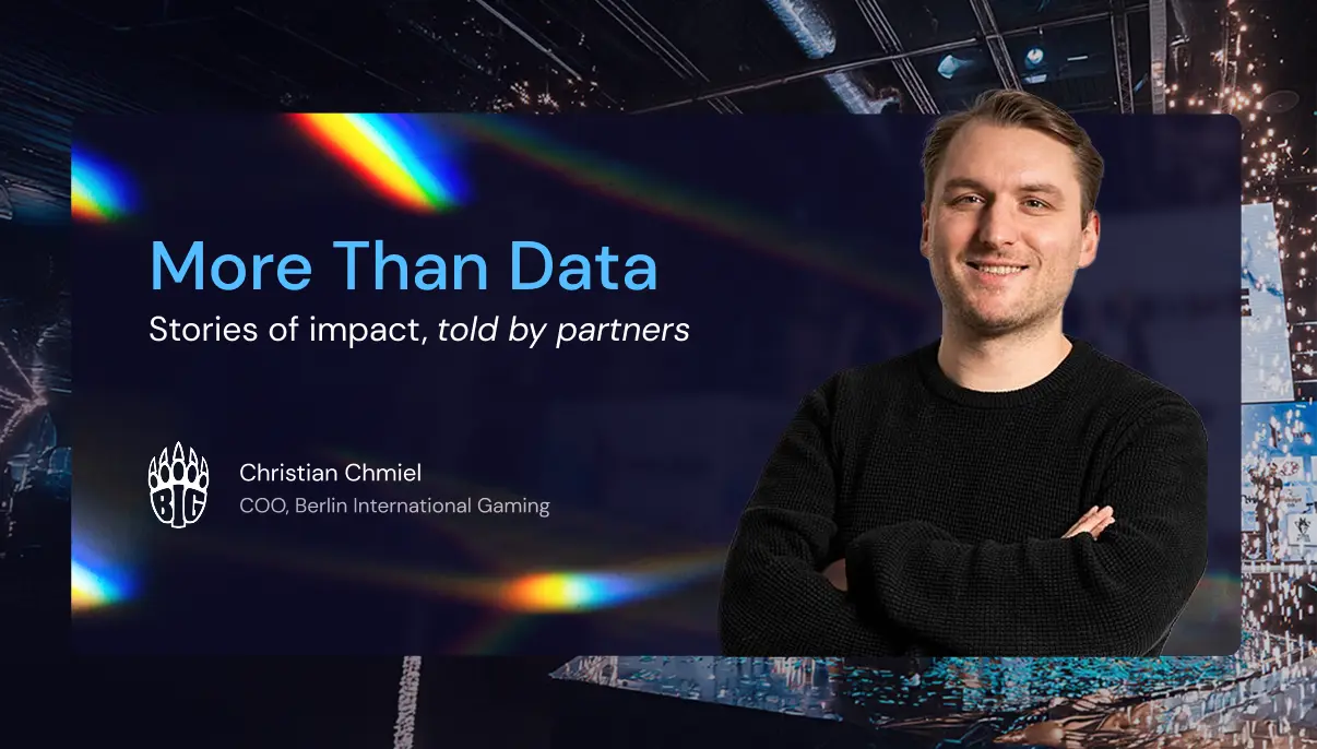 A graphic titled “More Than Data — Stories of impact, told by partners” featuring the BIG logo and Christian Chmiel’s name, overlaid on a background of an esports stage with confetti and lights.