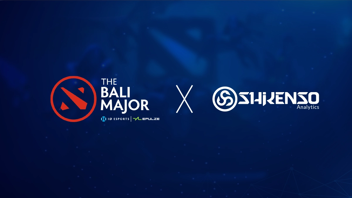 Visual for The Bali Major featuring logos of Epulze, IO Esports, and Shikenso Analytics. Highlights the partnership using AI-powered analytics to deliver data-driven decision-making and measurable results for sponsors at the Dota 2 Bali Major.