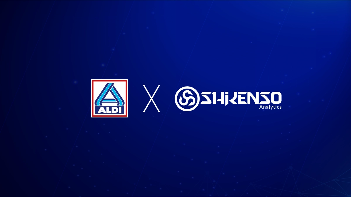 Graphic showing the ALDI and Shikenso Analytics logos side by side on a dark blue background, representing their partnership.