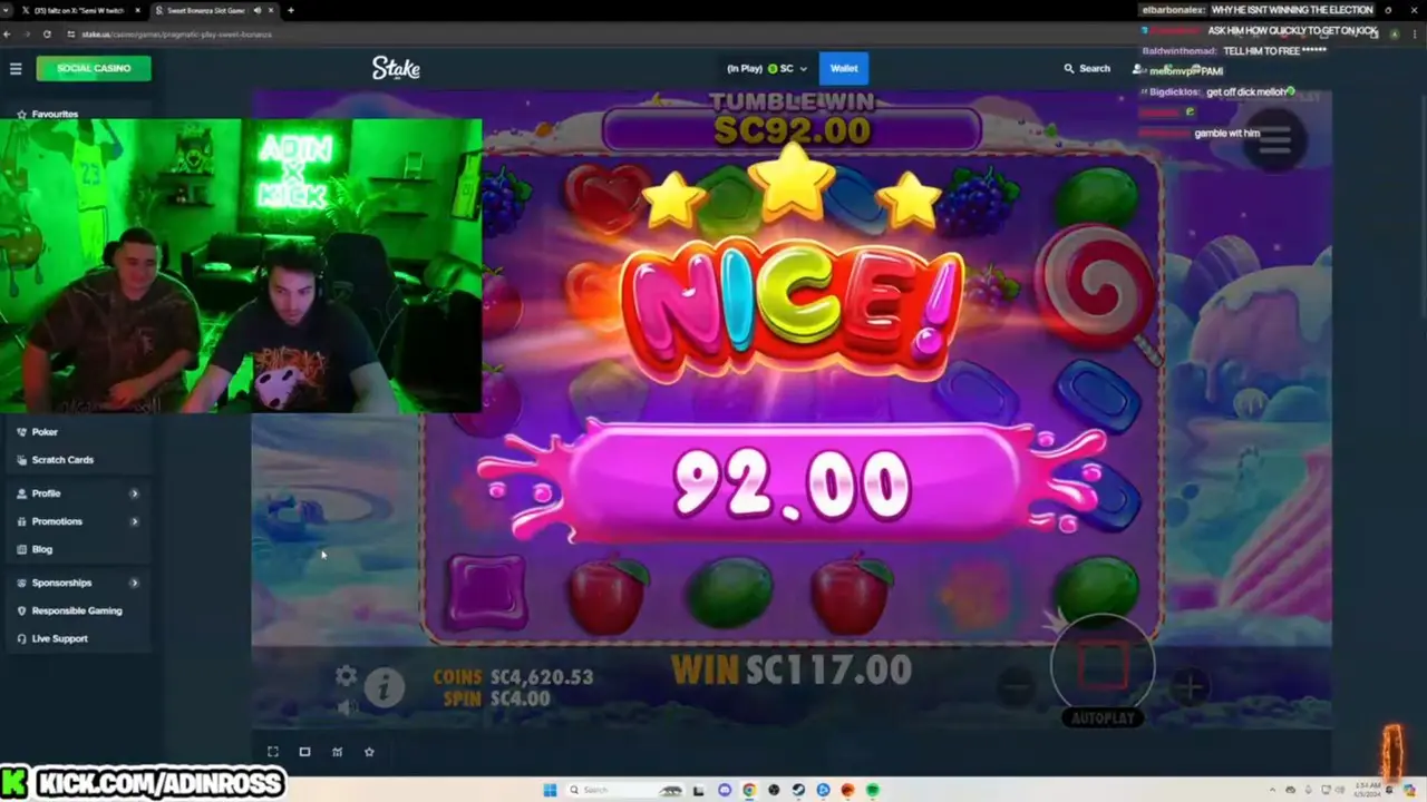 Streamers broadcasting on the Kick streaming platform, showing a live casino game session with chat interaction and neon green lighting.