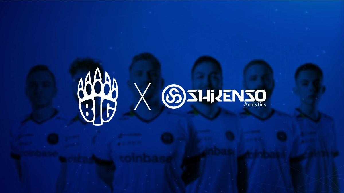 Partnership graphic showing the Berlin International Gaming (BIG) logo on the left and the Shikenso Analytics logo on the right, separated by an 'x'. In the background, a blue-tinted image of BIG esports players wearing white jerseys with 'coinbase' sponsor branding.
