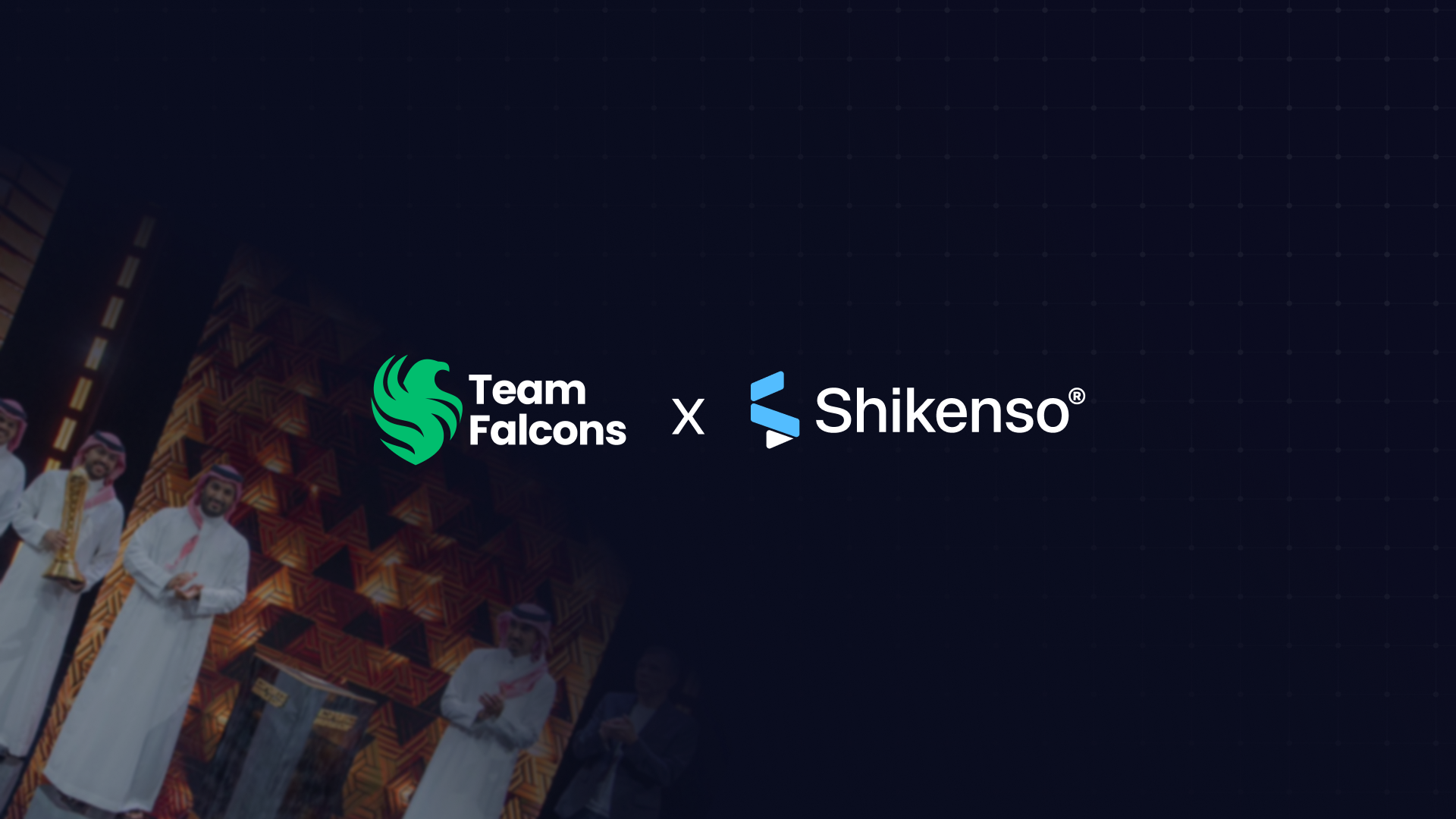 Team Falcons and Shikenso partnership announcement visual featuring both logos against a Saudi Arabia esports event backdrop, representing a collaboration focused on sponsorship analytics and performance measurement