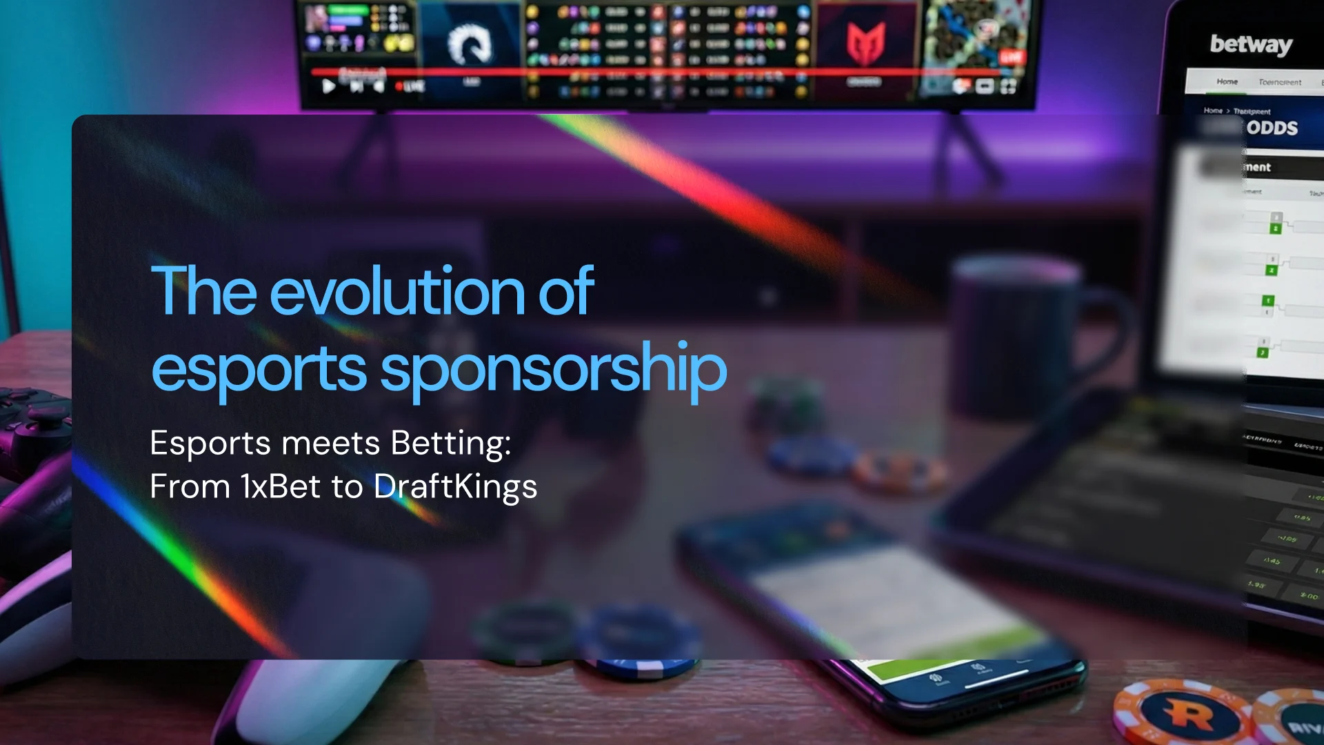 Esports desk setup with betting apps, screens showing live odds, and gaming peripherals, illustrating the evolution of esports sponsorship as betting brands enter the esports ecosystem.