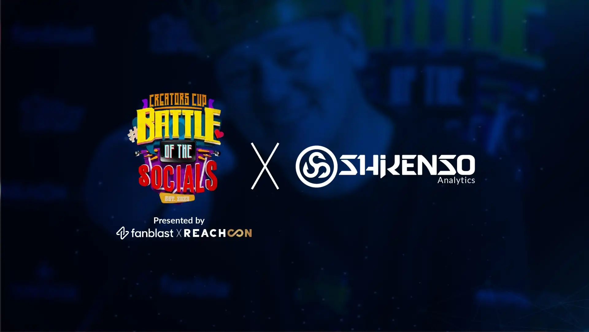 Battle of the Socials Creators Cup partnership with Shikenso Analytics. Visual highlights collaboration to leverage AI-driven tools for measuring success and fostering sustainable growth in the creator-led football tournament.