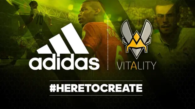 Adidas esports sponsorship with Team Vitality featuring #HereToCreate campaign showcasing collaboration between sportswear and esports teams.