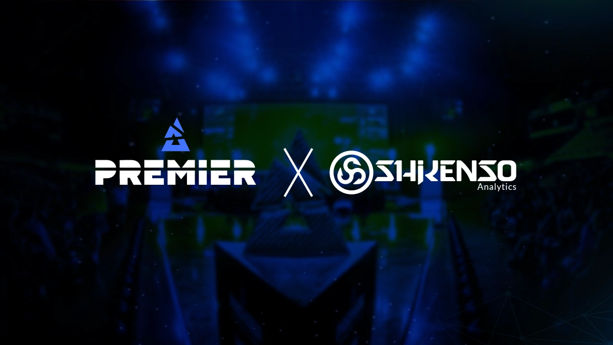 Partnership graphic featuring BLAST Premier and Shikenso Analytics logos on a stage-lit background. The collaboration focuses on data-driven insights and sponsorship analytics for BLAST Premier esports events.