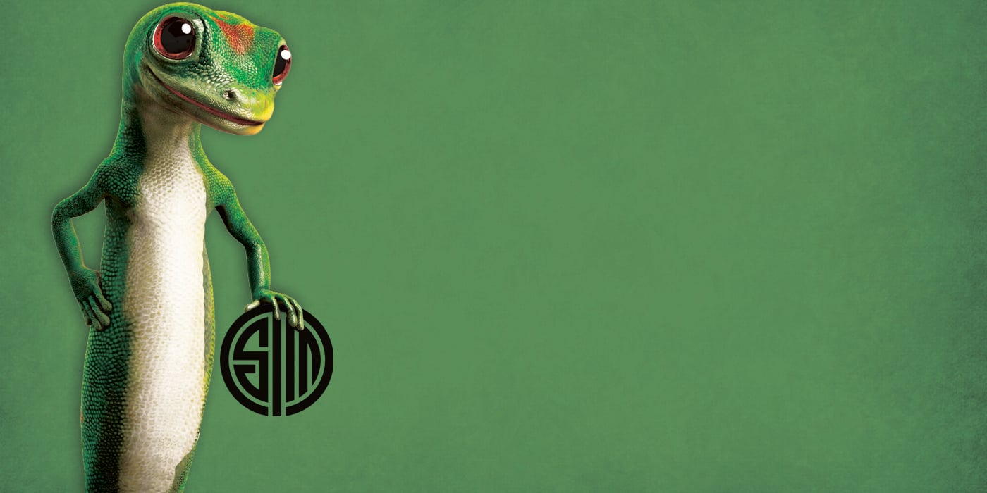 Gecko mascot posing with the TSM logo, representing the collaboration between an insurance brand and an esports organization — an example of esports insurance sponsorships.