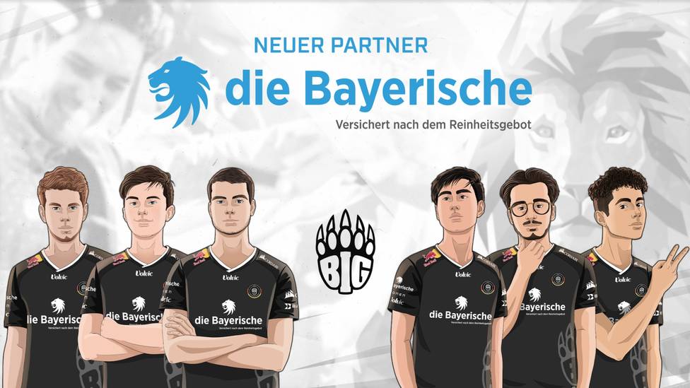 Illustration of BIG Esports players featuring their partnership with die Bayerische, highlighting esports insurance sponsorships in Germany.